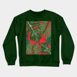 Monstera, Spider Palm, Tropical Leaves Print on Red Crewneck Sweatshirt